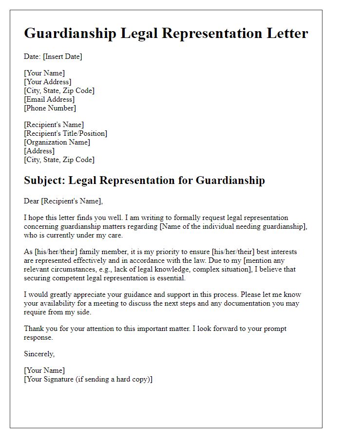 Letter template of guardianship legal representation for family members.