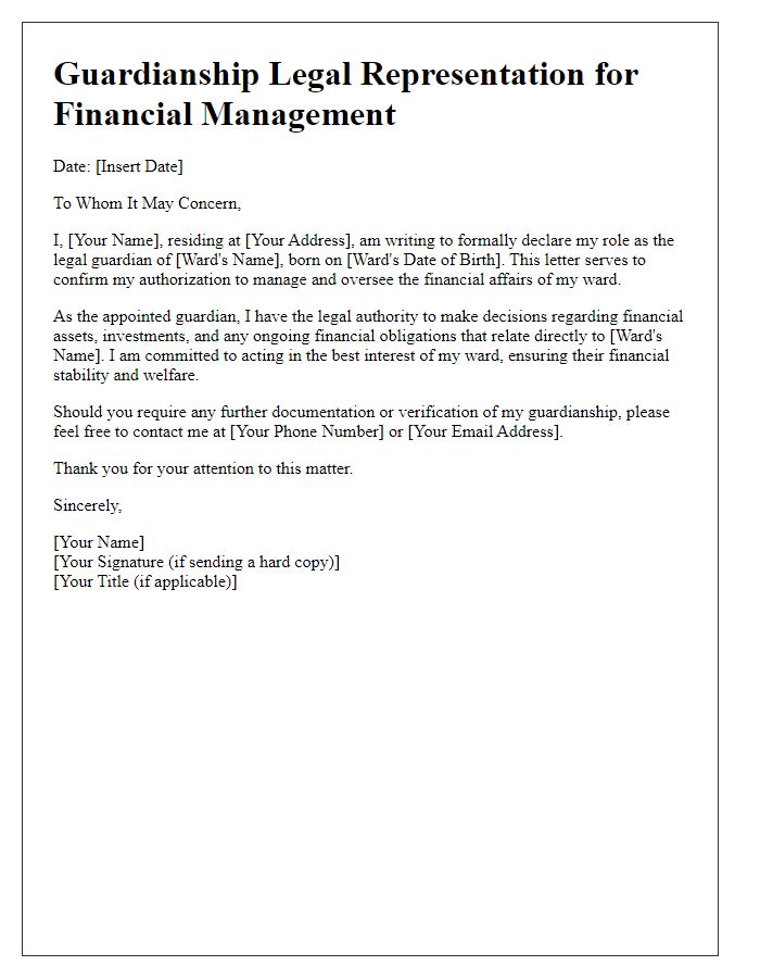 Letter template of guardianship legal representation for financial management.