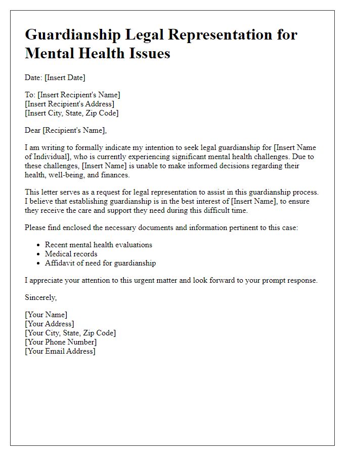 Letter template of guardianship legal representation for mental health issues.