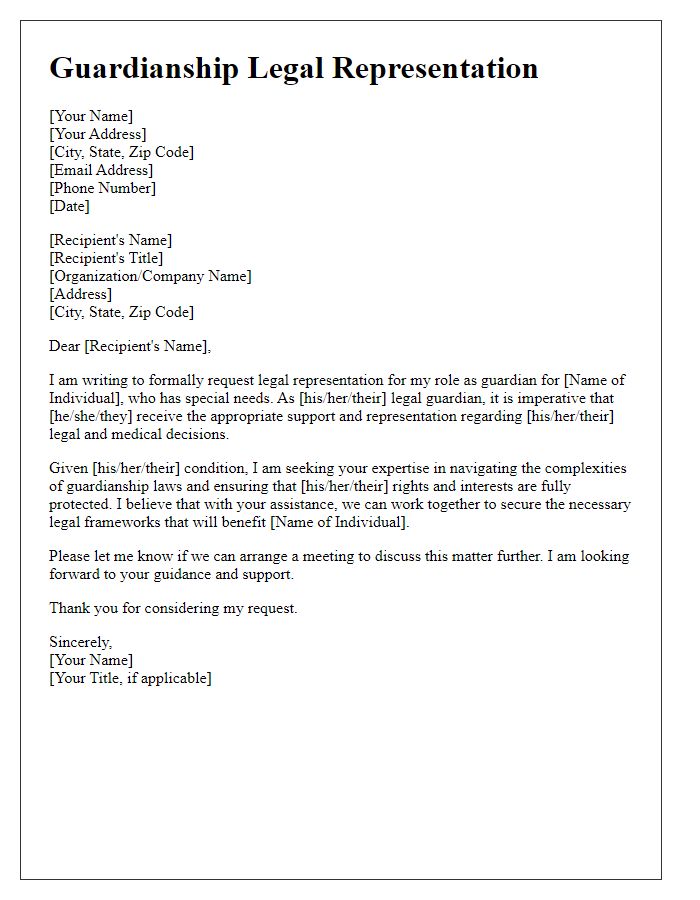 Letter template of guardianship legal representation for special needs individuals.