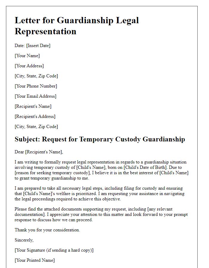 Letter template of guardianship legal representation for temporary custody.