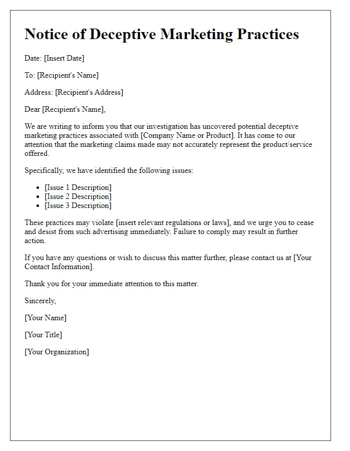 Letter template of deceptive marketing practices notice