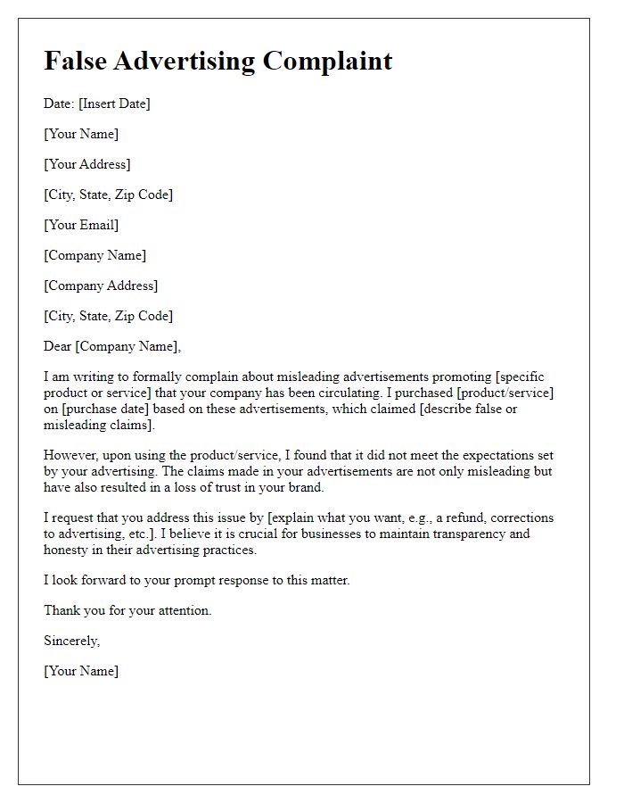 Letter template of false advertising complaint to company