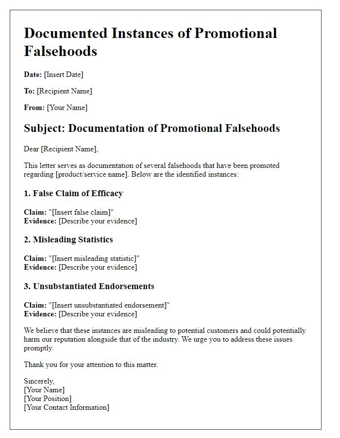 Letter template of promotional falsehoods documentation