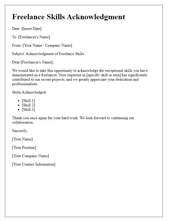 Letter template of Freelance Skills Acknowledgment