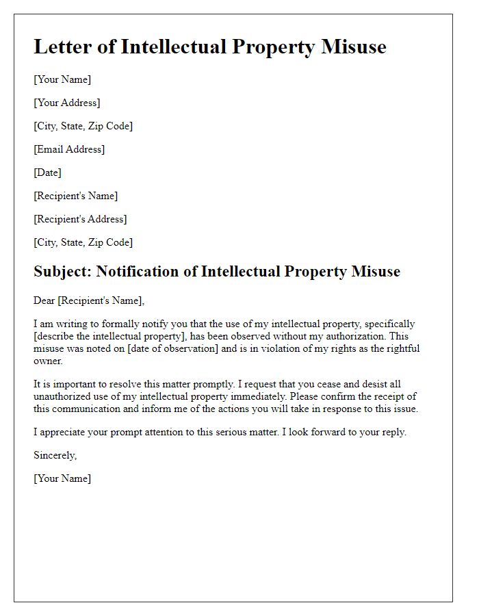 Letter template of intellectual property misuse communication