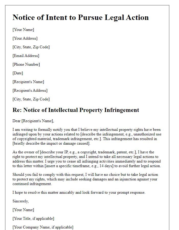 Letter template of IP infringement legal action intent