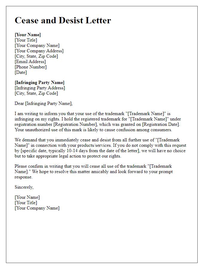 Letter template of trademark infringement cease and desist request