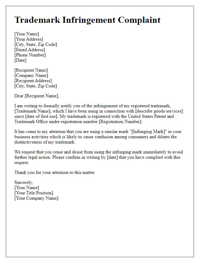 Letter template of trademark infringement complaint submission