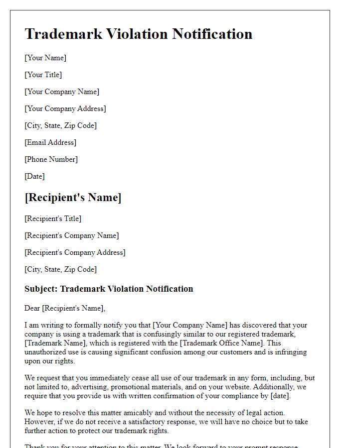 Letter template of trademark violation notification