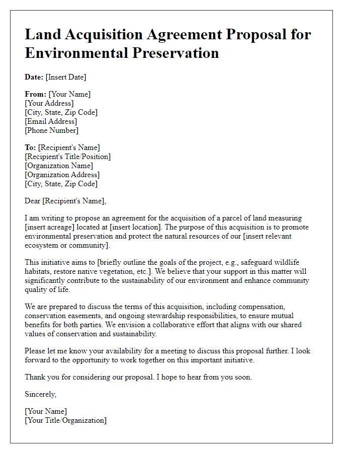 Letter template of land acquisition agreement proposal for environmental preservation.