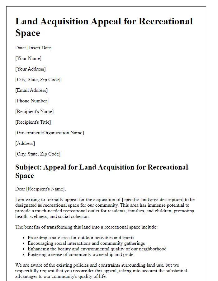 Letter template of land acquisition appeal for recreational space.