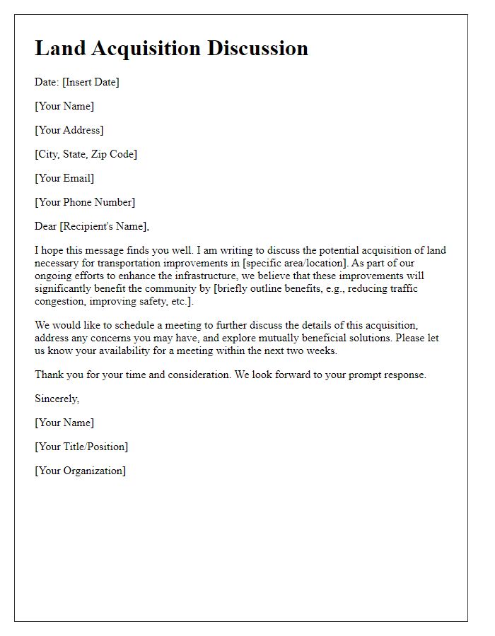 Letter template of land acquisition discussion for transportation improvements.