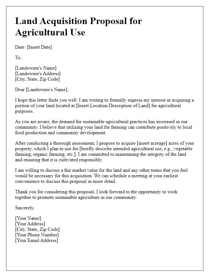 Letter template of land acquisition proposal for agricultural use.