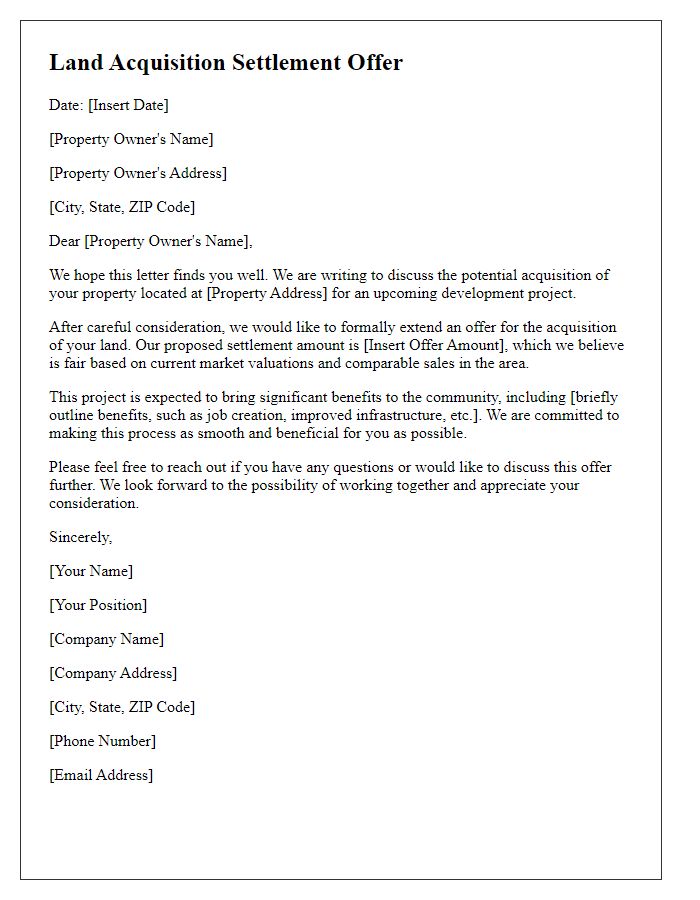 Letter template of land acquisition settlement offer for property development.