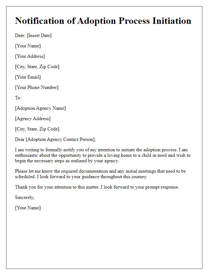 Letter template of notification to adoption agency for process initiation