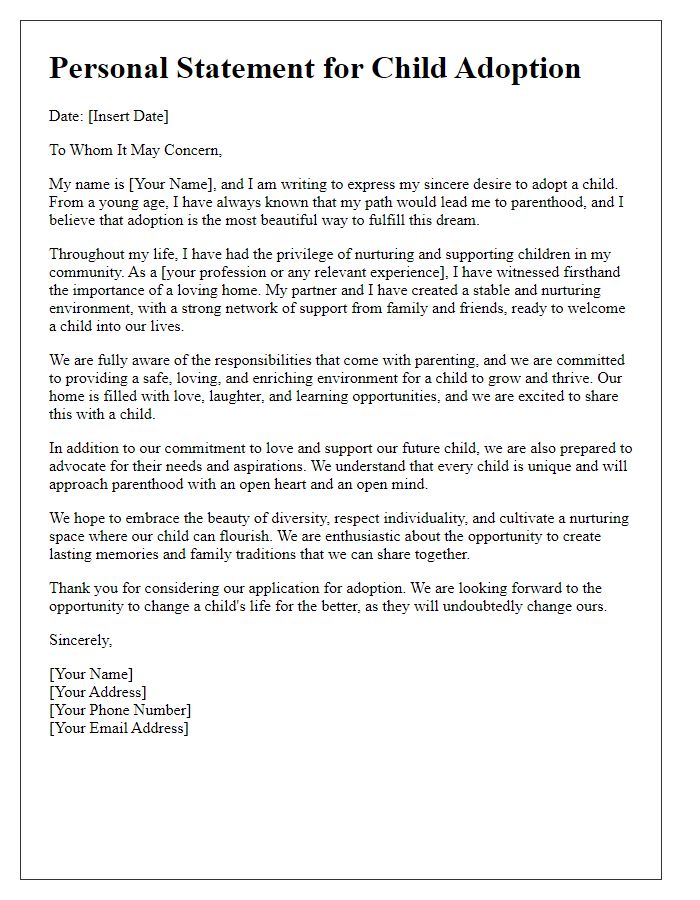 Letter template of personal statement for child adoption