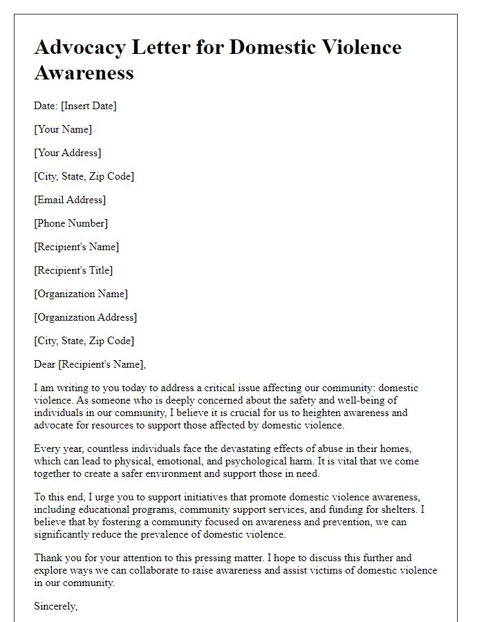 Letter template of advocacy for domestic violence awareness