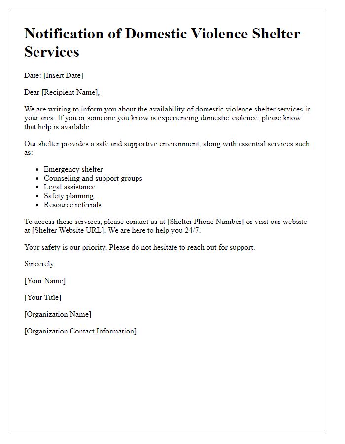 Letter template of notification for domestic violence shelter services