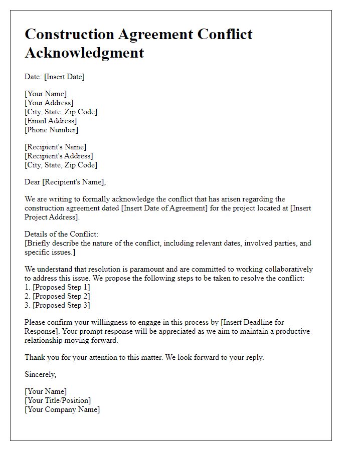 Letter template of construction agreement conflict acknowledgment.