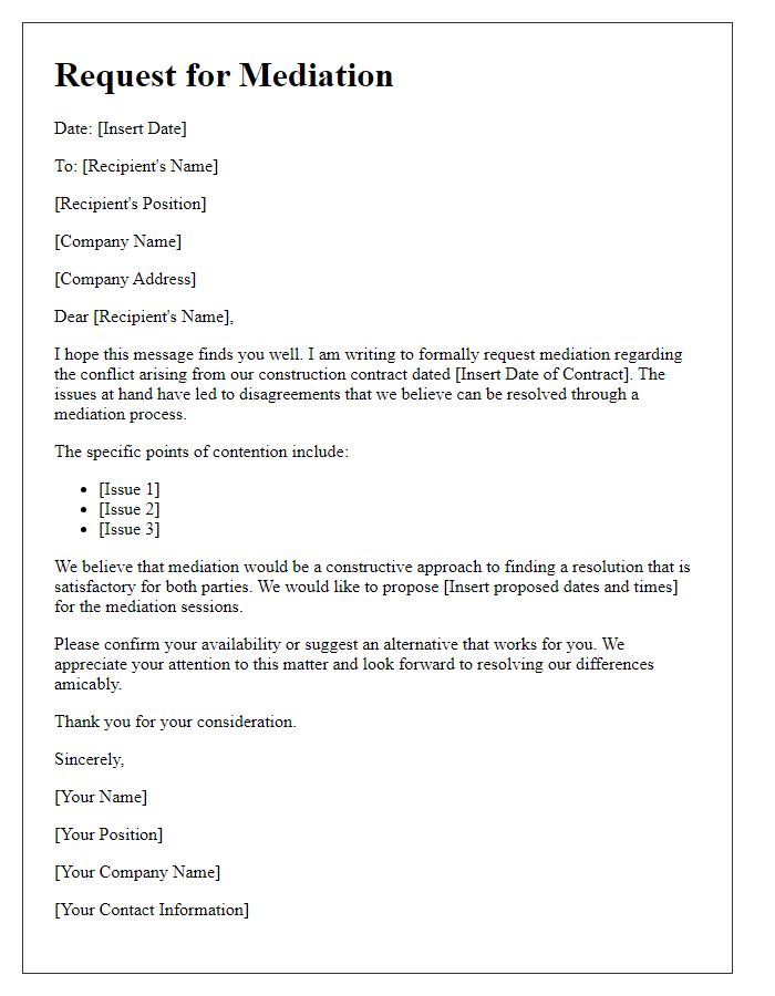 Letter template of construction contract conflict mediation request.