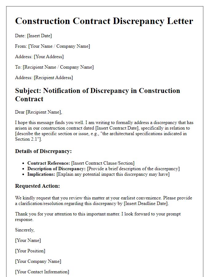 Letter template of construction contract discrepancy outline.