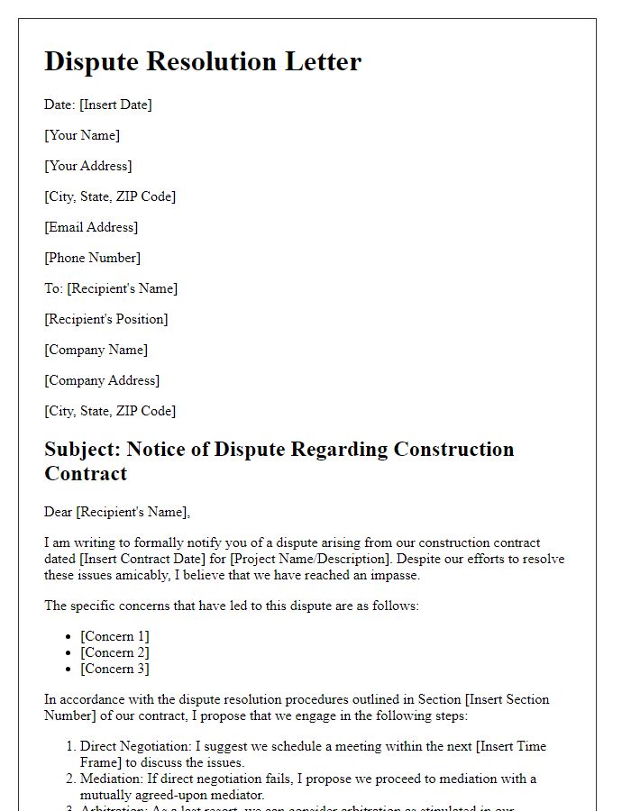 Letter template of construction contract dispute resolution.