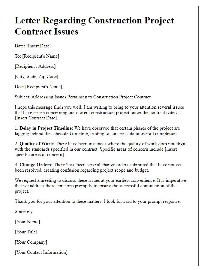 Letter template of construction project contract issues.