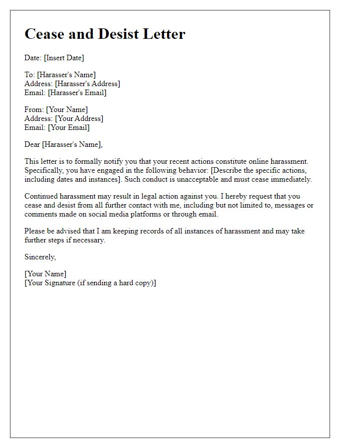 Letter template of cease and desist for online harassment claims.