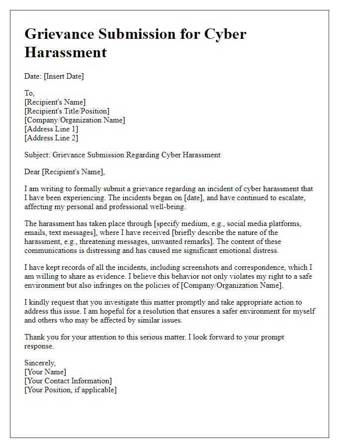 Letter template of grievance submission for cyber harassment.