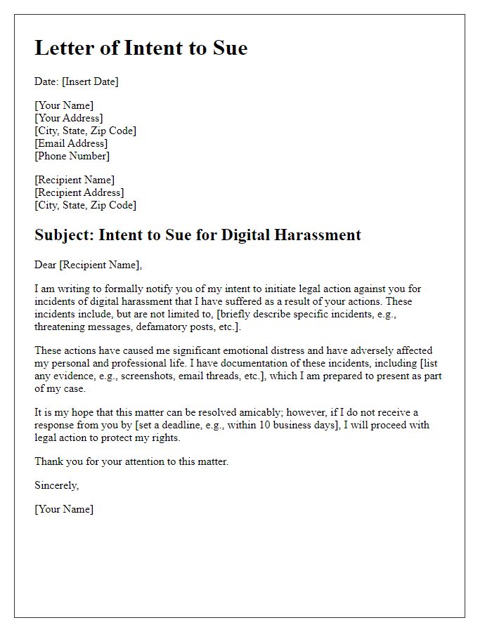 Letter template of intent to sue for digital harassment incidents.