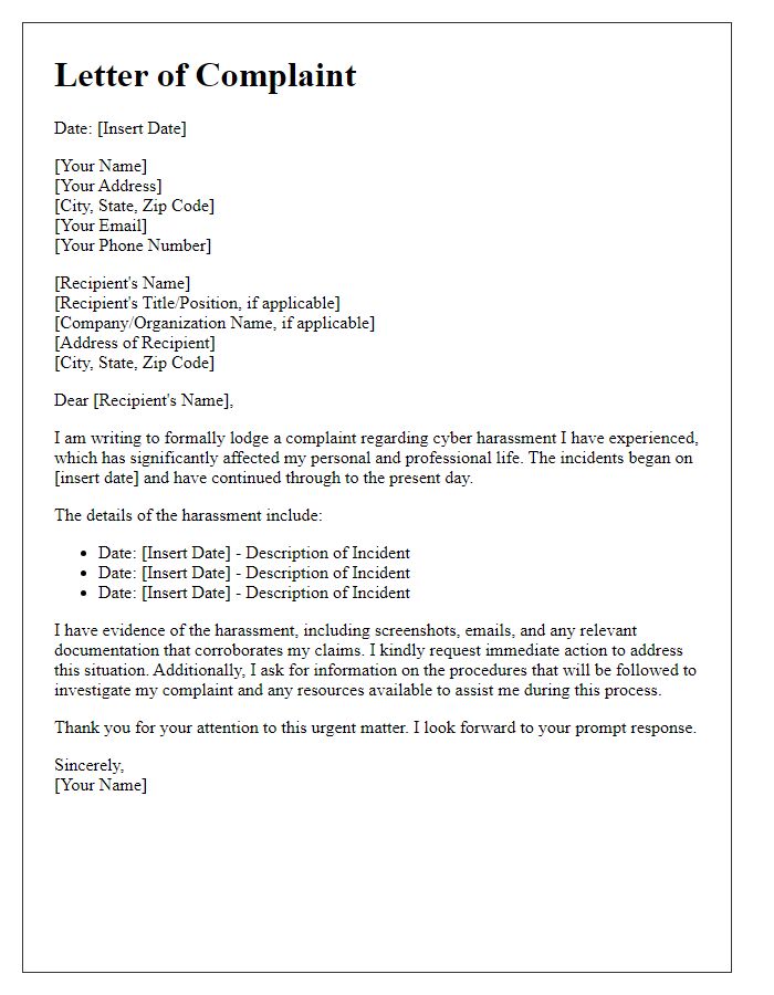 Letter template of legal complaint for cyber harassment issues.
