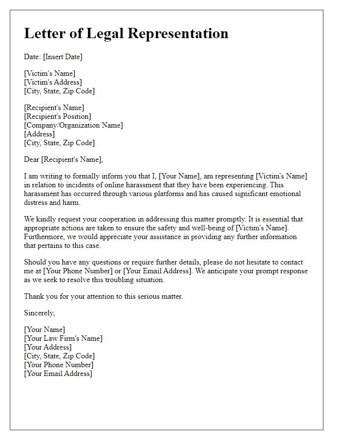 Letter template of legal representation for victims of online harassment.