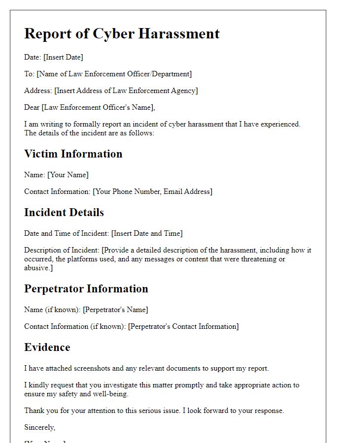 Letter template of reporting cyber harassment to law enforcement.