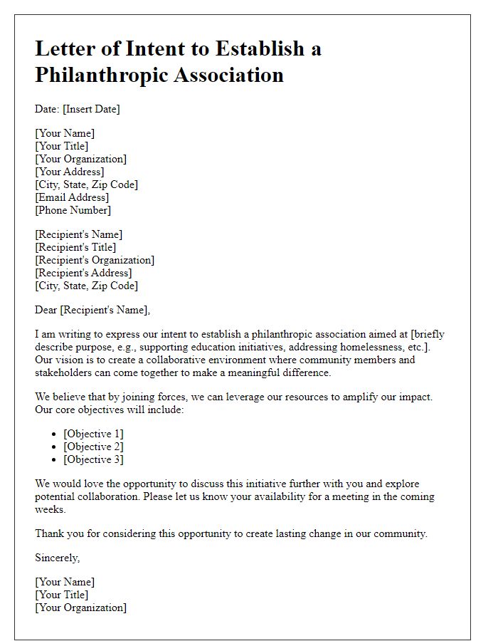 Letter template of philanthropic association setup