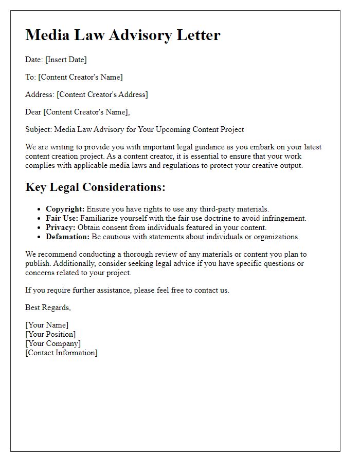 Letter template of media law advisory for content creators