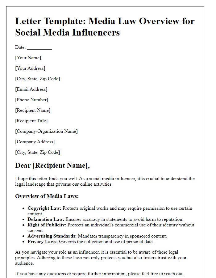 Letter template of media law overview for social media influencers