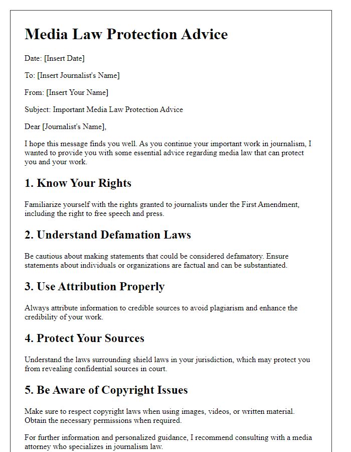 Letter template of media law protection advice for journalists