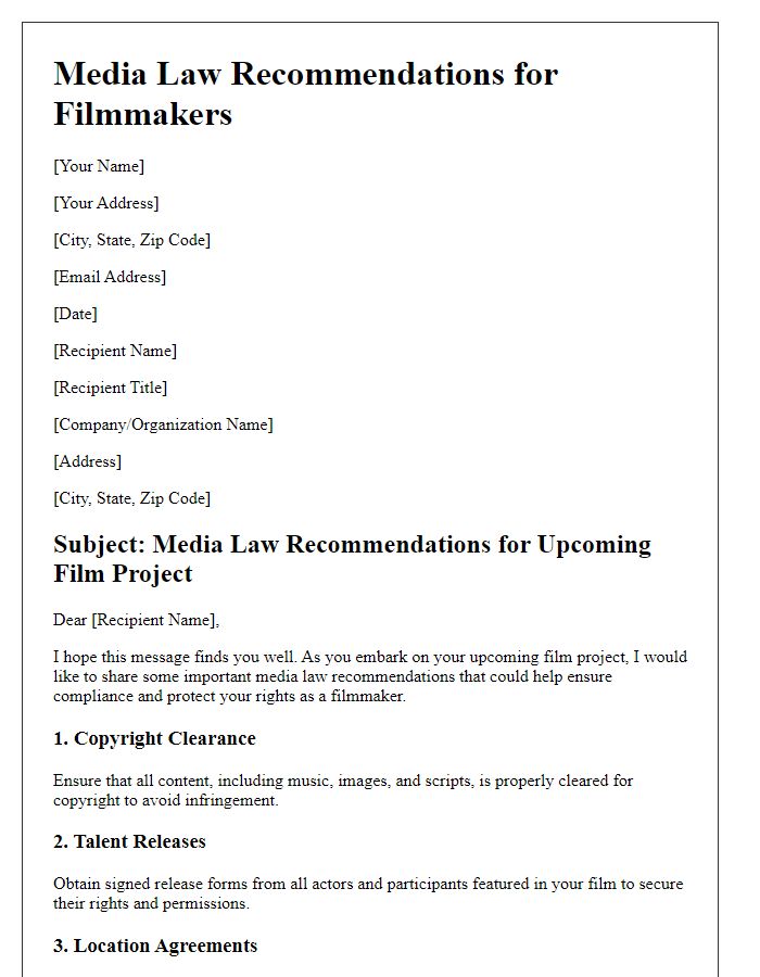 Letter template of media law recommendations for filmmakers