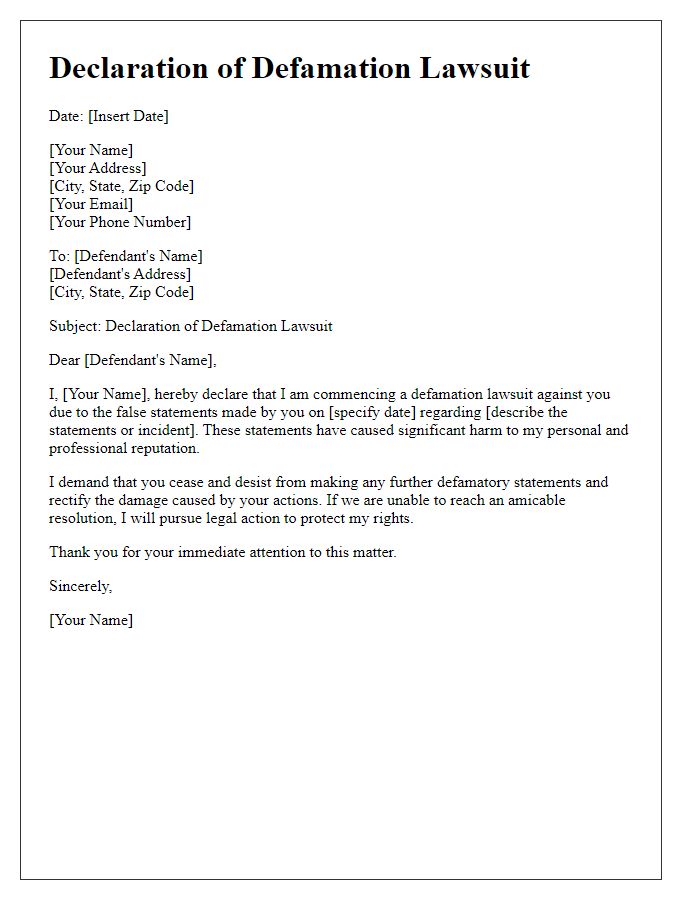 Letter template of Declaration of Defamation Lawsuit