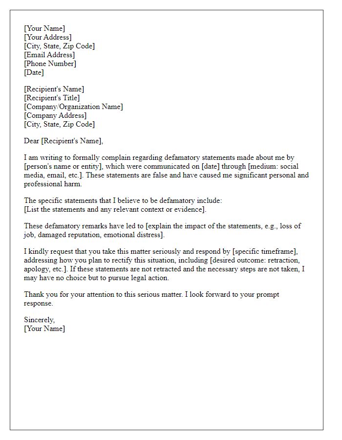 Letter template of Formal Complaint for Defamation Action