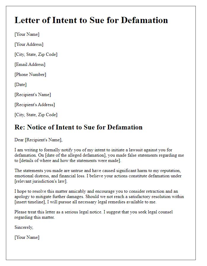 Letter template of Intent to Sue for Defamation