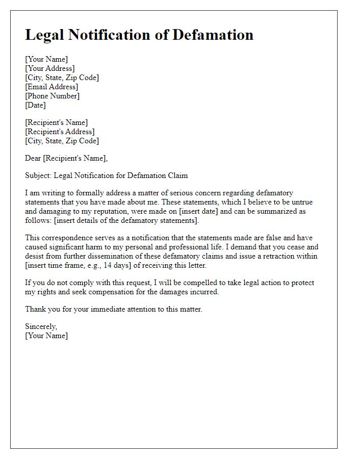 Letter template of Legal Notification for Defamation Claims