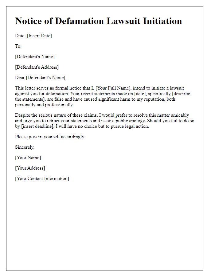 Letter template of Notice for Defamation Lawsuit Initiation