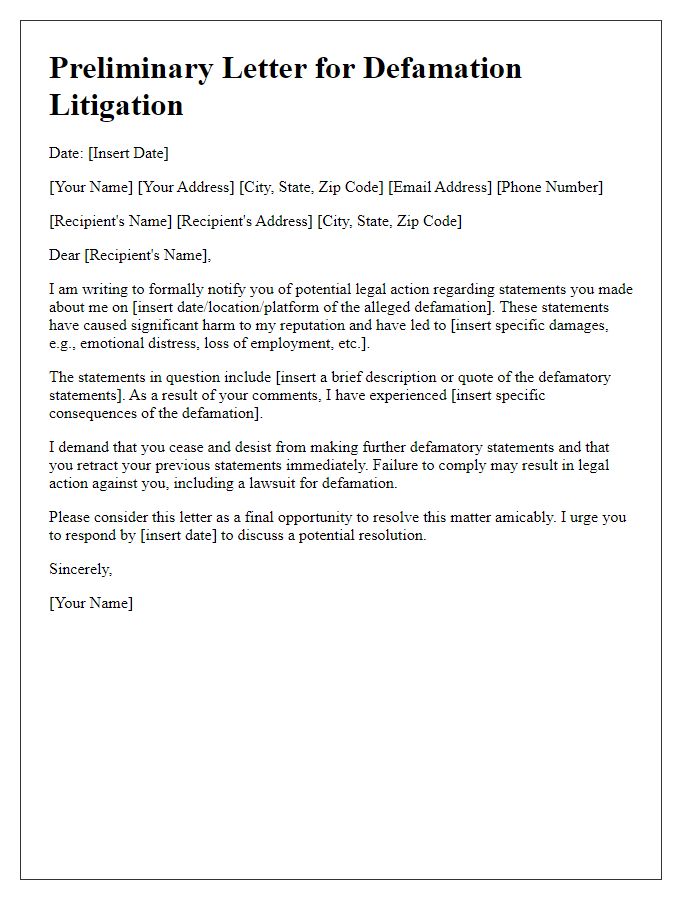 Letter template of Preliminary Letter for Defamation Litigation