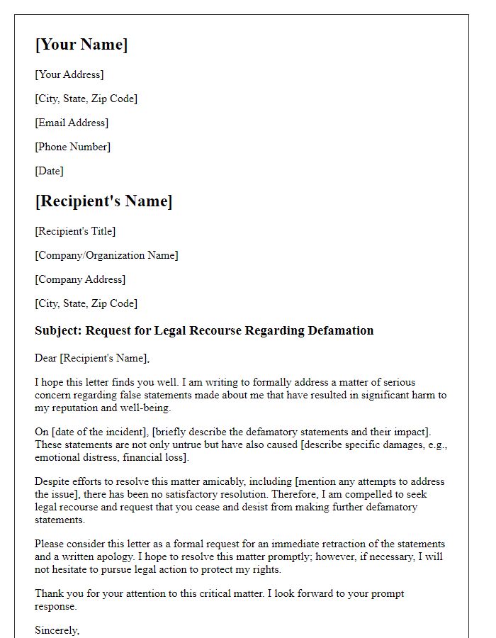 Letter template of Request for Defamation Legal Recourse