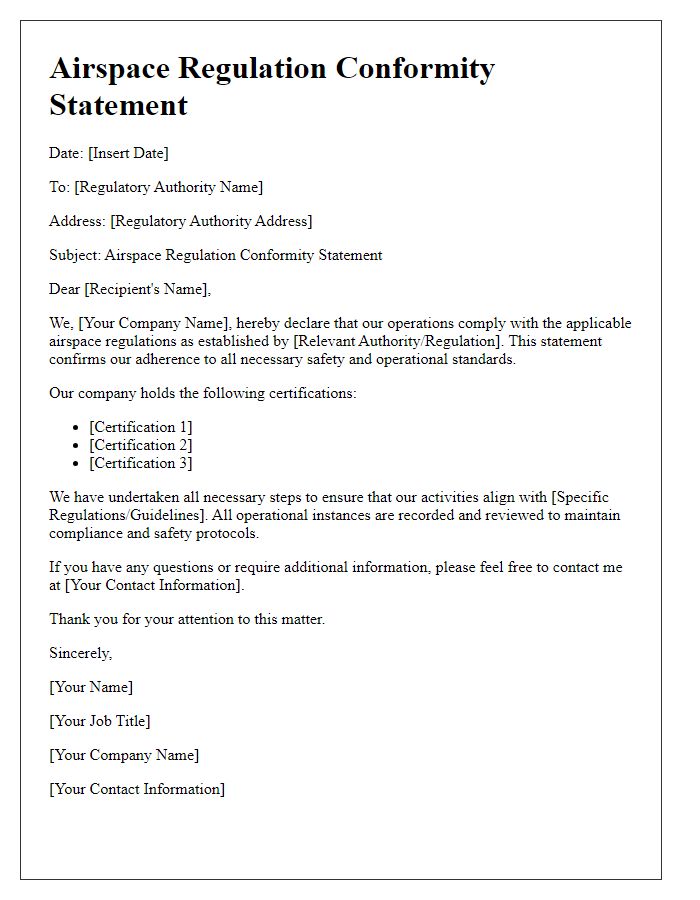 Letter template of Airspace Regulation Conformity Statement