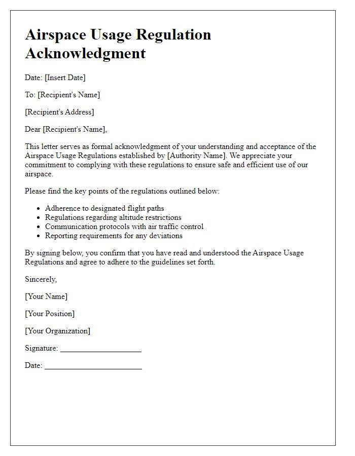 Letter template of Airspace Usage Regulation Acknowledgment