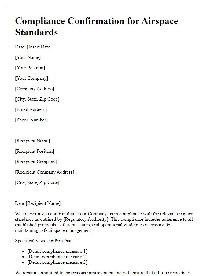 Letter template of Compliance Confirmation for Airspace Standards