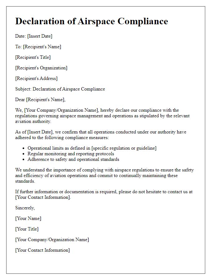 Letter template of Declaration of Airspace Compliance